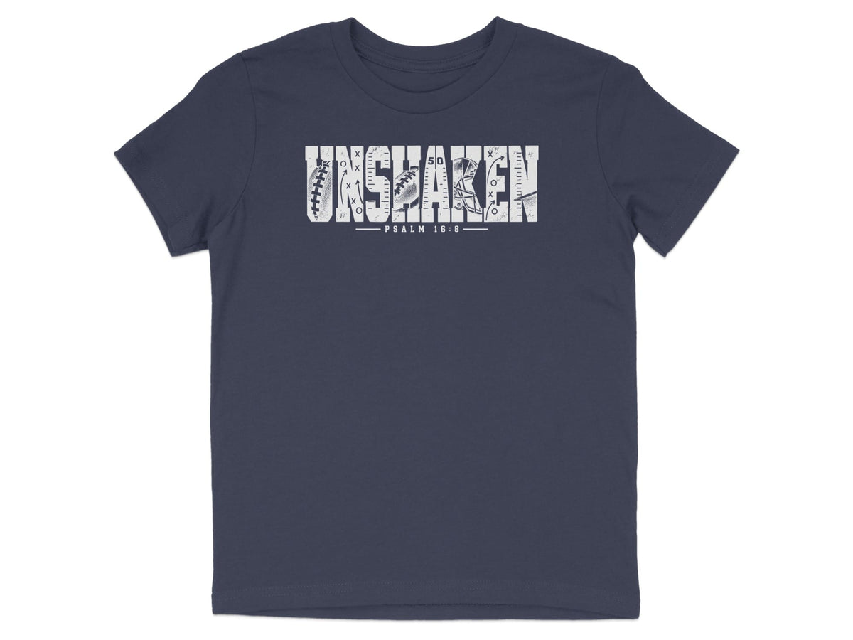 Dark blue t-shirt with "UNSHAKEN" text and Psalm 16:8.