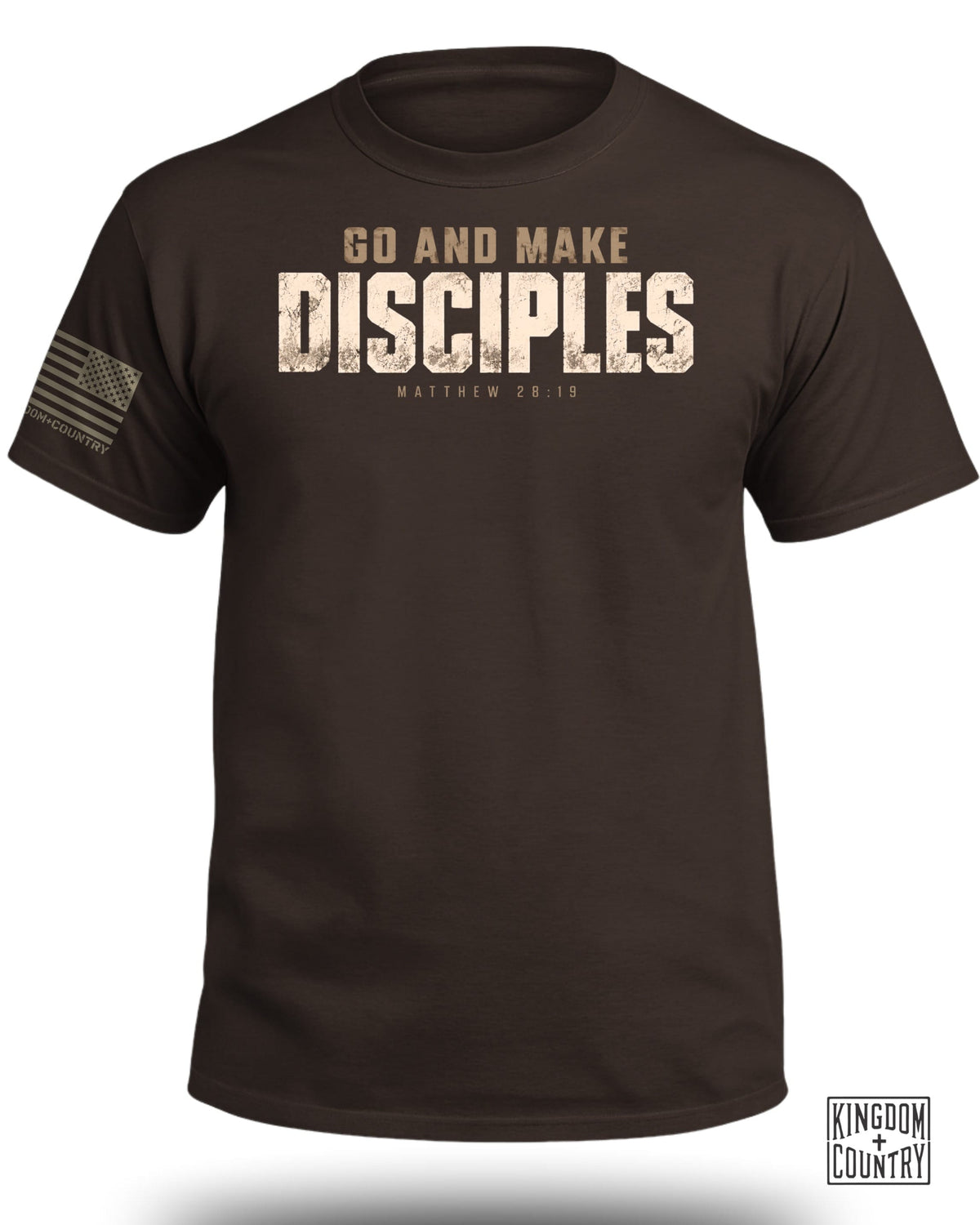 A brown t-shirt featuring the text "GO AND MAKE DISCIPLES MATTHEW 28:19" on the front chest.