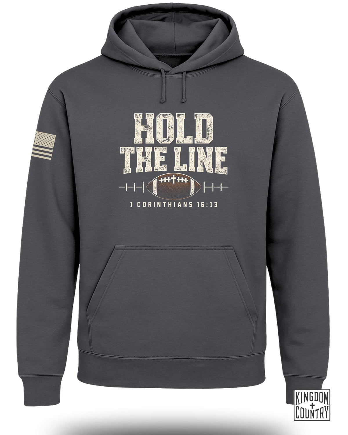 Dark grey hoodie with "HOLD THE LINE" and football graphic.