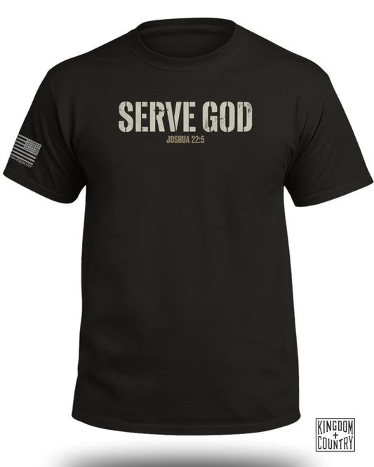 Black t-shirt with "SERVE GOD JOSHUA 22:5" and American flag detail.