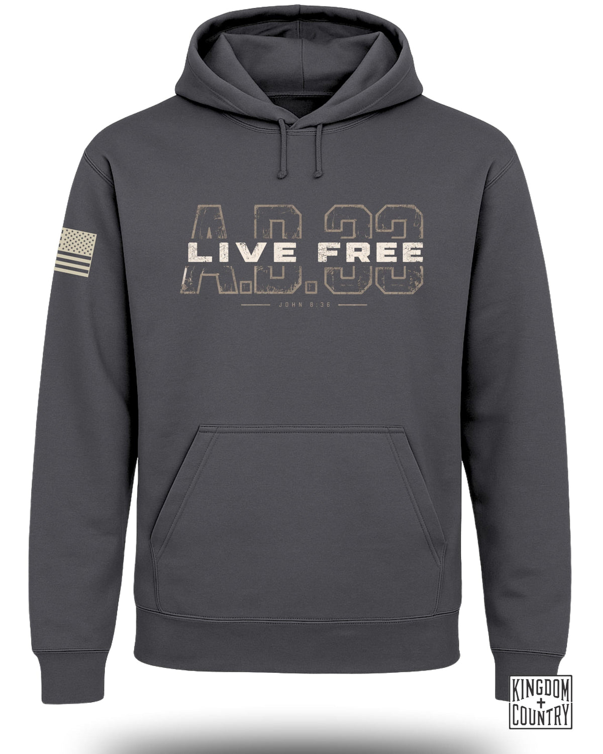 A dark grey hooded sweatshirt with a front pocket, featuring distressed text reading A.D. 33 LIVE FREE and John 8:36.