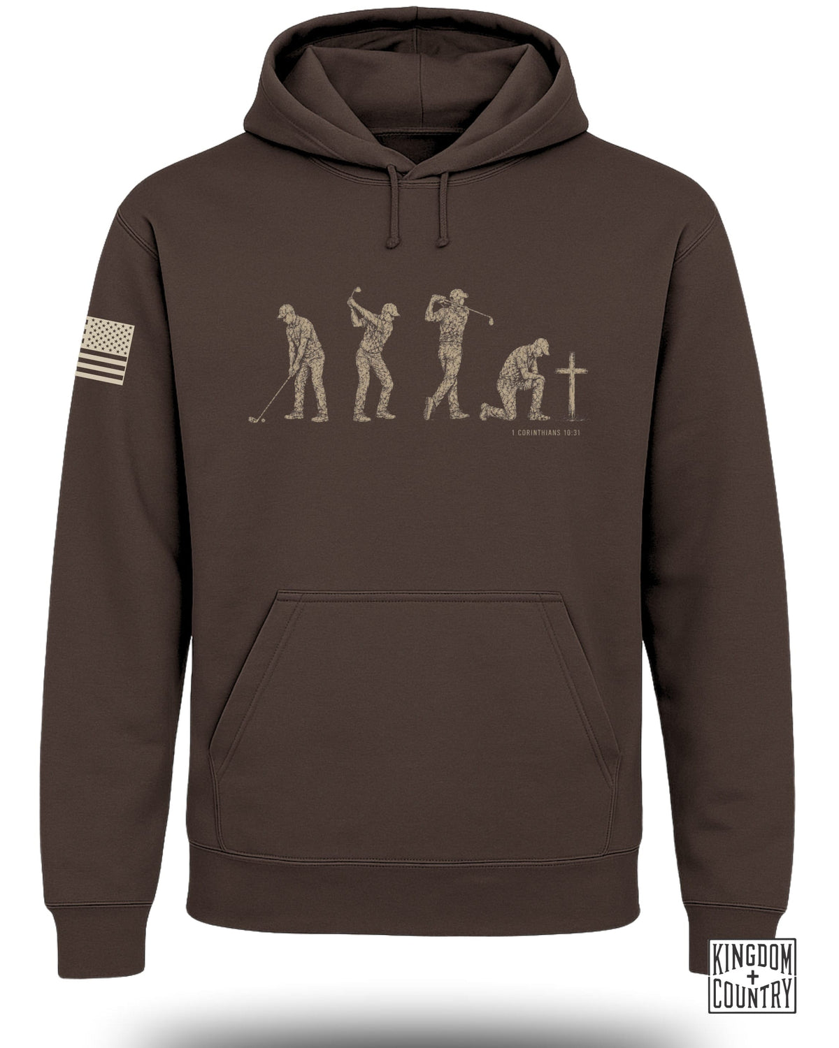 Brown hoodie with a graphic of evolving golfers and "1 Corinthians 10:31" text.
