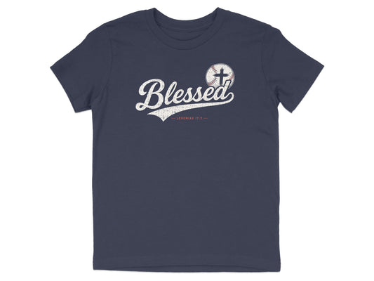 Navy t-shirt with distressed "Blessed" text and baseball cross graphic.