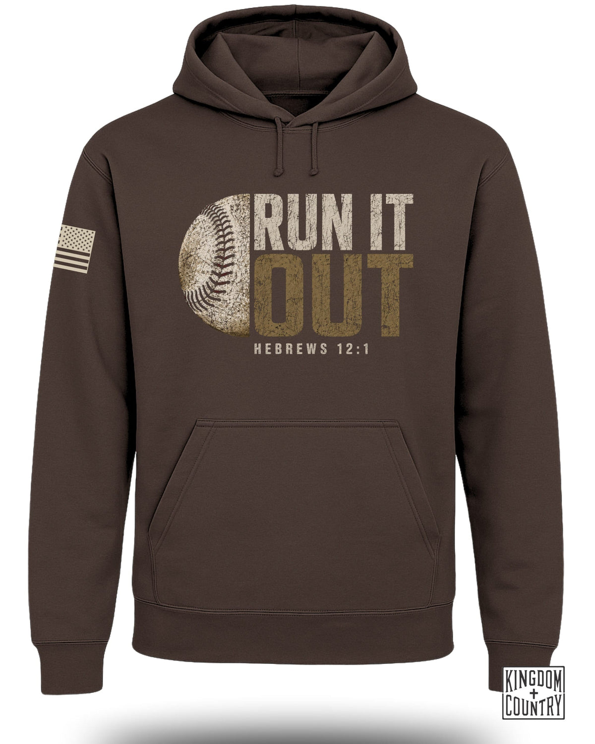 Brown hoodie with baseball graphic and text "RUN IT OUT HEBREWS 12:1".
