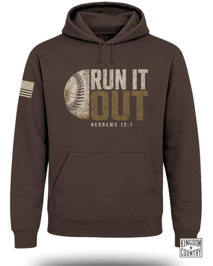 Brown hoodie with baseball graphic and text "RUN IT OUT HEBREWS 12:1".