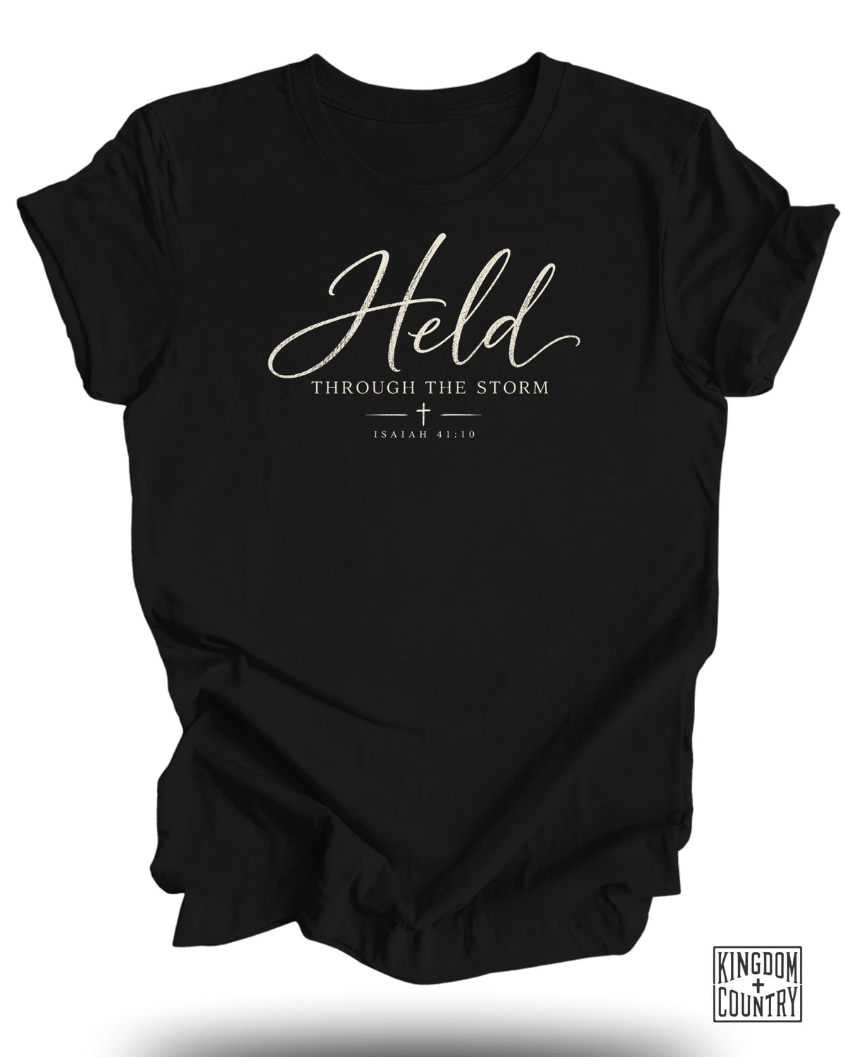 Black t-shirt with "Held Through the Storm" and "Isaiah 41:10" text.