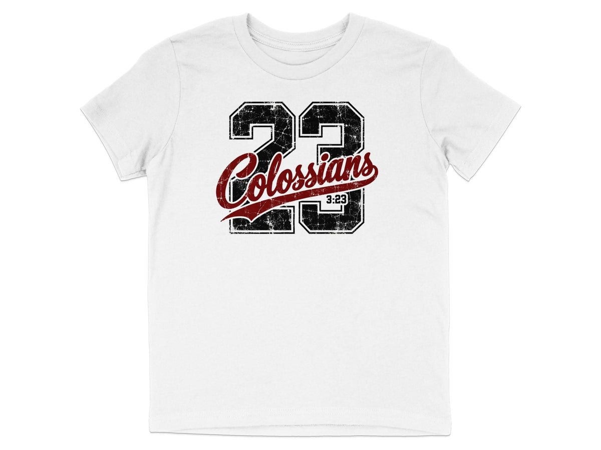 White t-shirt with distressed graphic of "23 Colossians 3:23" in black and red.