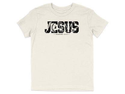 Cream t-shirt with black "JESUS" text filled with baseball imagery and "HEBREWS 12:2".