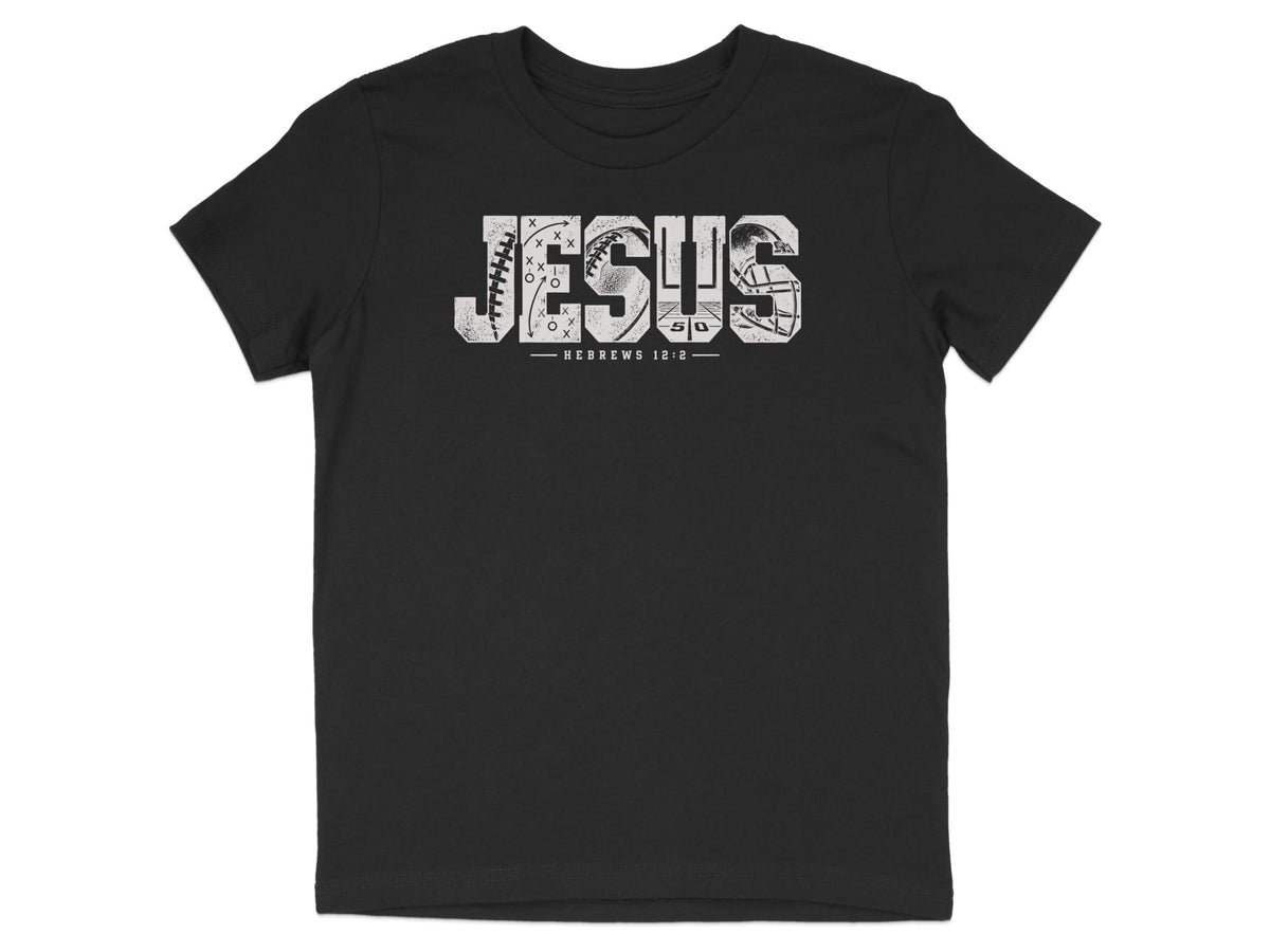 Black t-shirt with white distressed text "JESUS" incorporating football imagery and "HEBREWS 12:2".