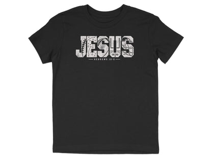 Black t-shirt with white distressed text "JESUS" incorporating football imagery and "HEBREWS 12:2".
