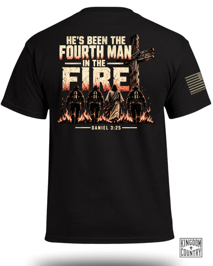 Black t-shirt with graphic of Jesus and firefighters in fire, "He's Been the Fourth Man in the Fire" and "Daniel 3:25".