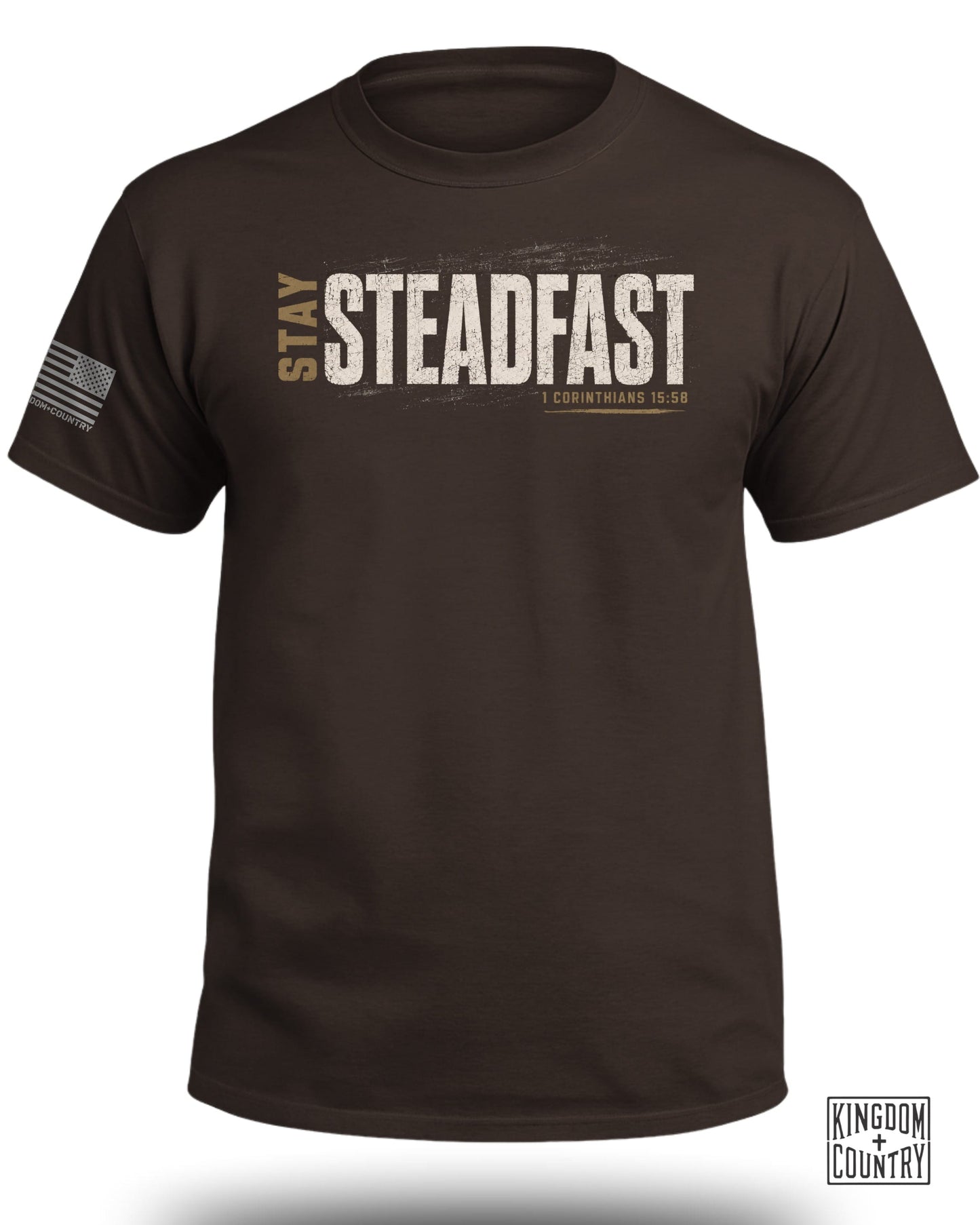Brown t-shirt with "STAY STEADFAST" and "1 CORINTHIANS 15:58" text.
