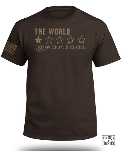 Brown t-shirt with distressed text "THE WORLD" and one star, followed by four empty stars.