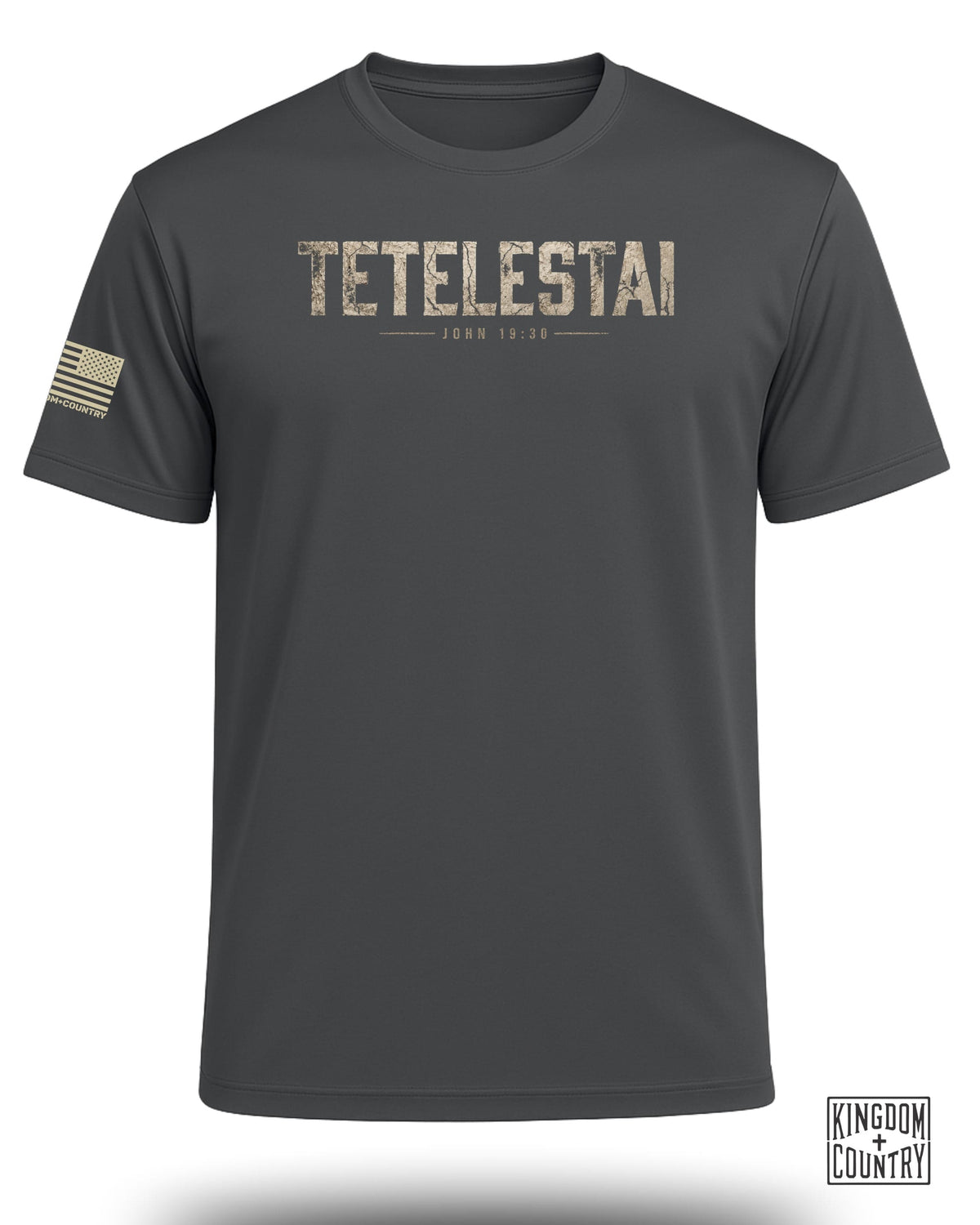 Dark gray t-shirt with "TETELESTAI" and "JOHN 19:30" text.