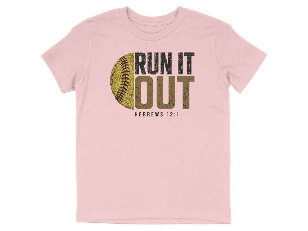 Pink t-shirt with a baseball graphic and text "RUN IT OUT HEBREWS 12:1".