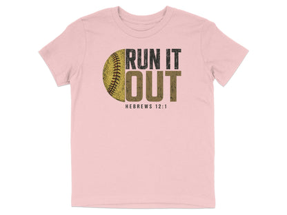 Pink t-shirt with a baseball graphic and text "RUN IT OUT HEBREWS 12:1".