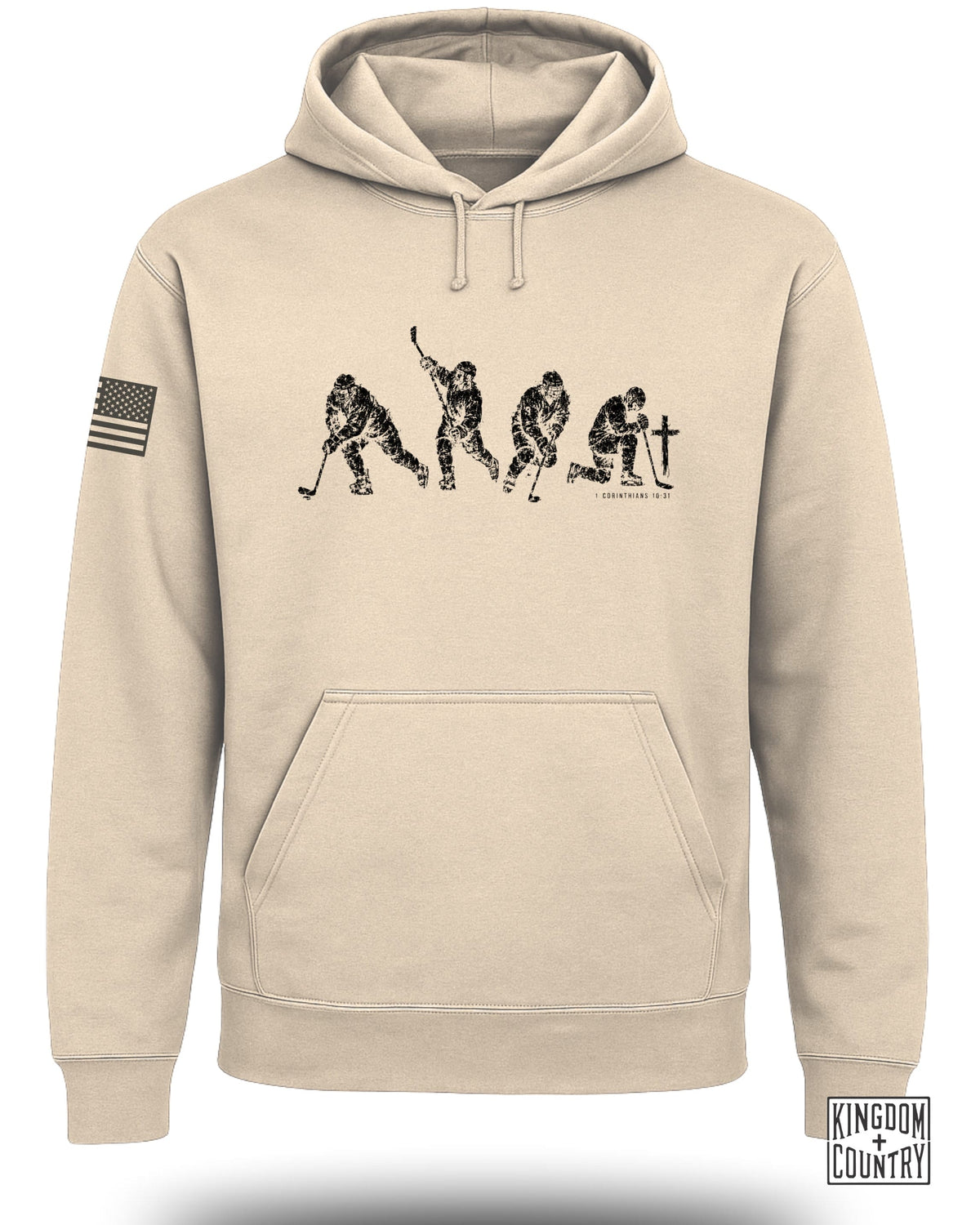 Tan hoodie with black graphic of four hockey players and text "1 CORINTHIANS 10:31".