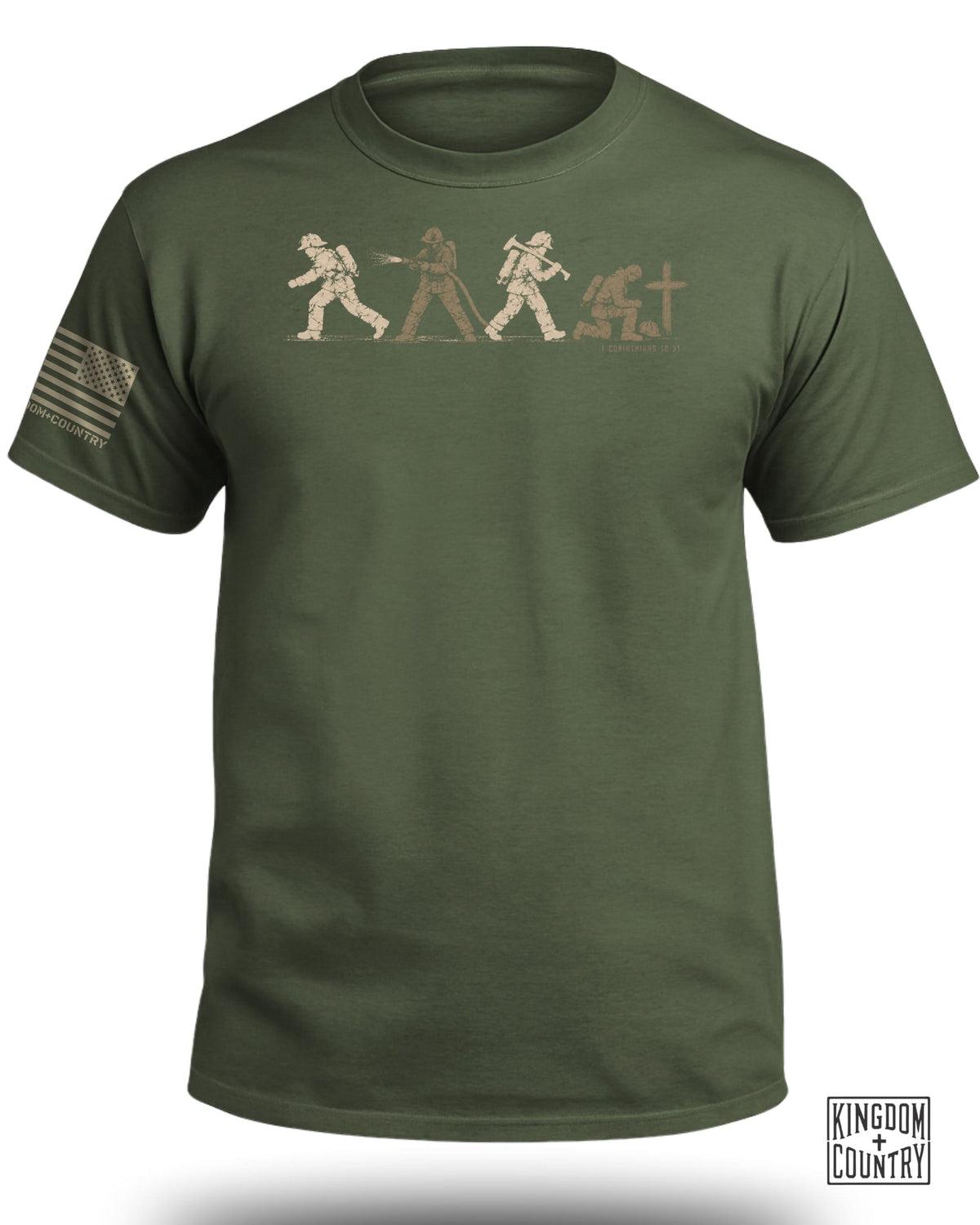 An olive green t-shirt featuring a graphic of four firefighters, a cross, and an American flag patch on the sleeve.