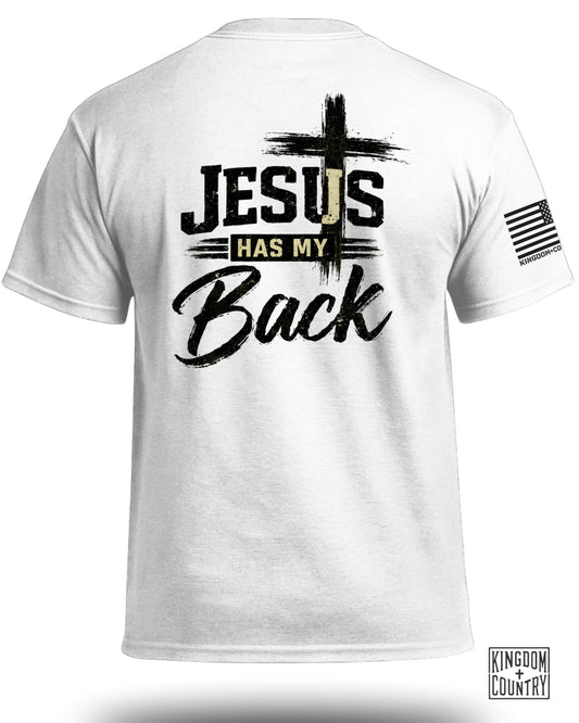 White t-shirt with "Jesus Has My Back" and a cross design on the back.
