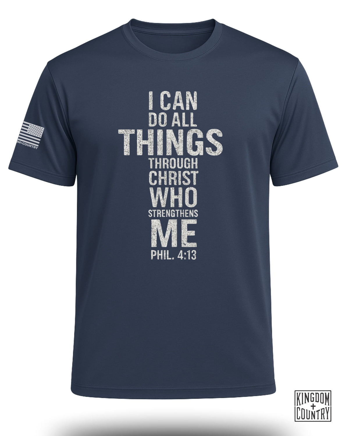 Navy t-shirt with "I CAN DO ALL THINGS THROUGH CHRIST WHO STRENGTHENS ME PHIL. 4:13" text.