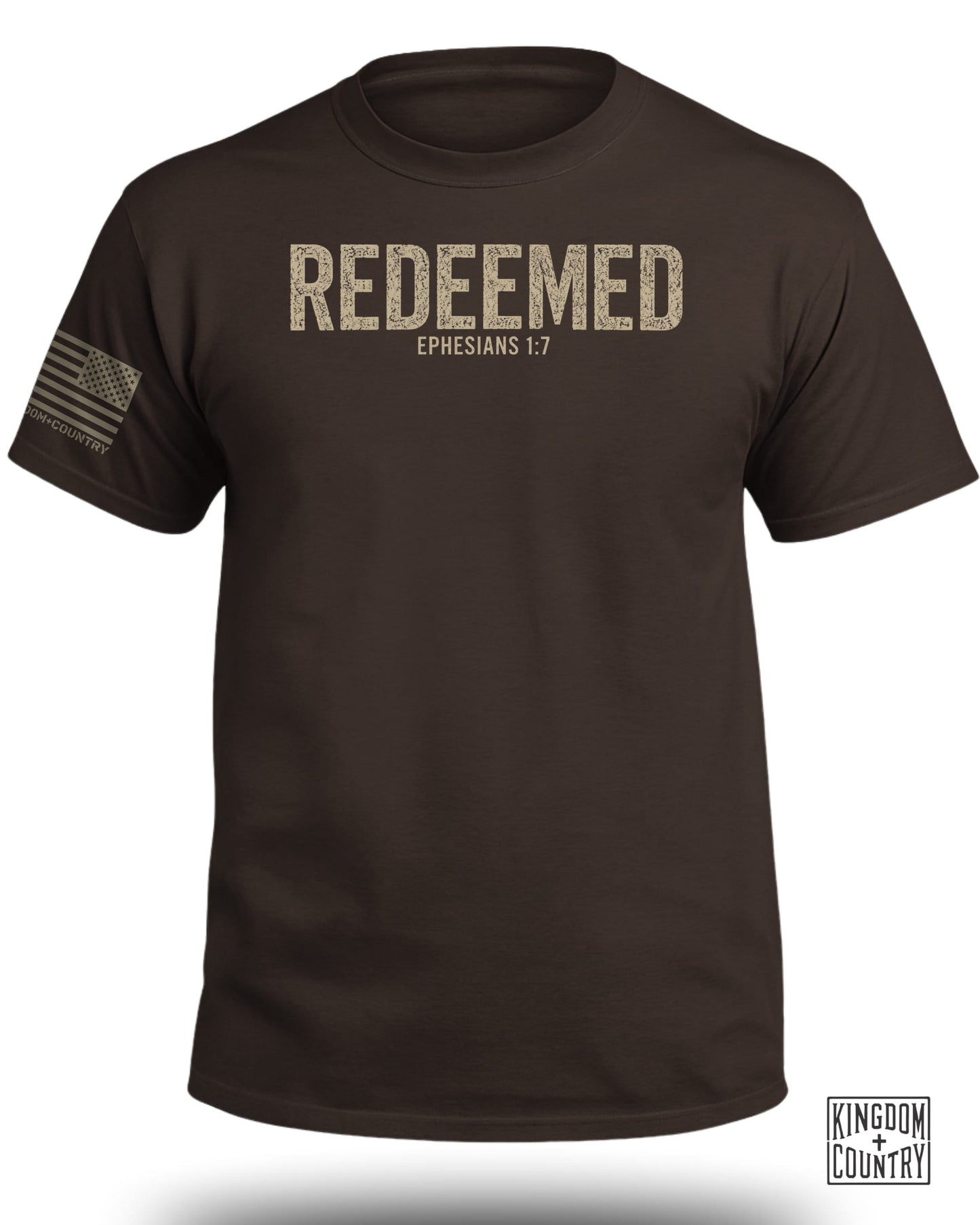 Brown t-shirt with "REDEEMED EPHESIANS 1:7" printed on front and flag on sleeve.