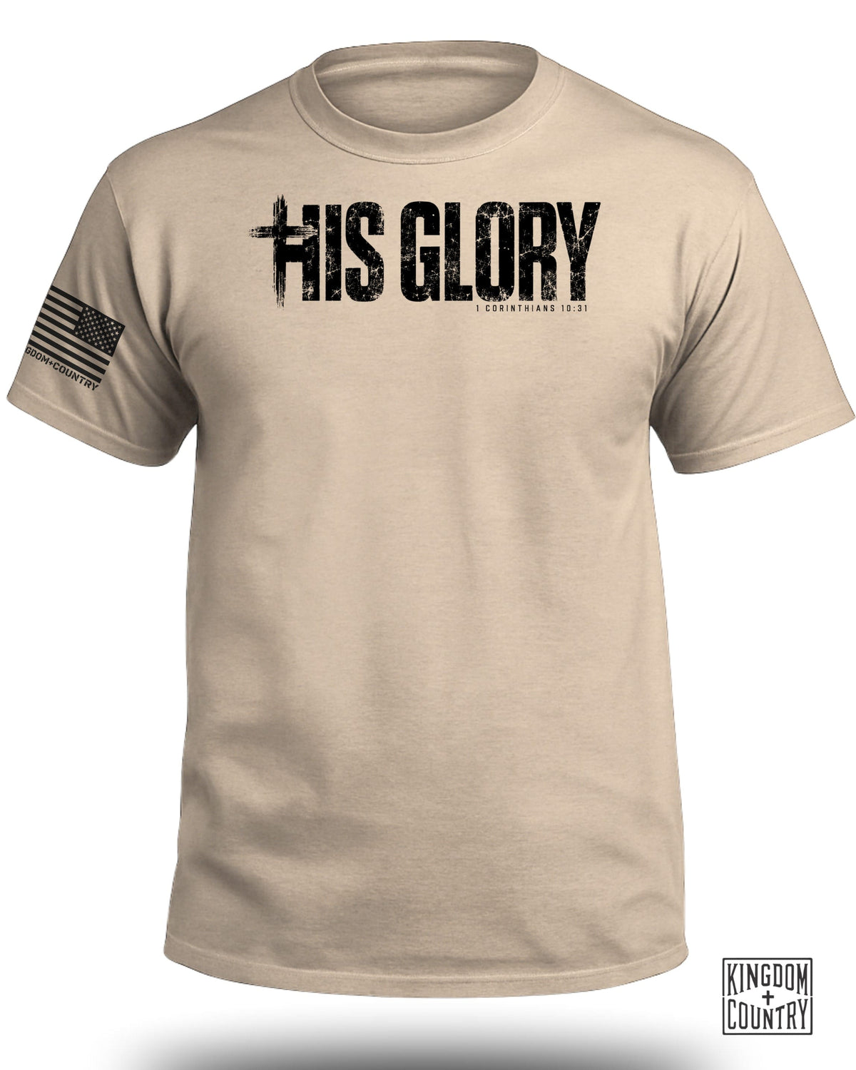 Tan t-shirt with "HIS GLORY" and "1 CORINTHIANS 10:31" text, and US flag graphic.
