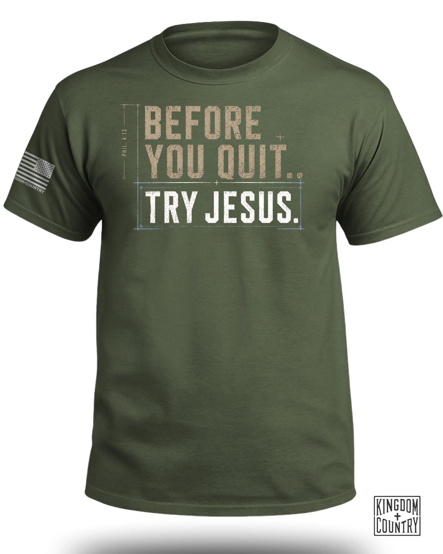 Green t-shirt with "BEFORE YOU QUIT. TRY JESUS." text and Philippine flag patch.