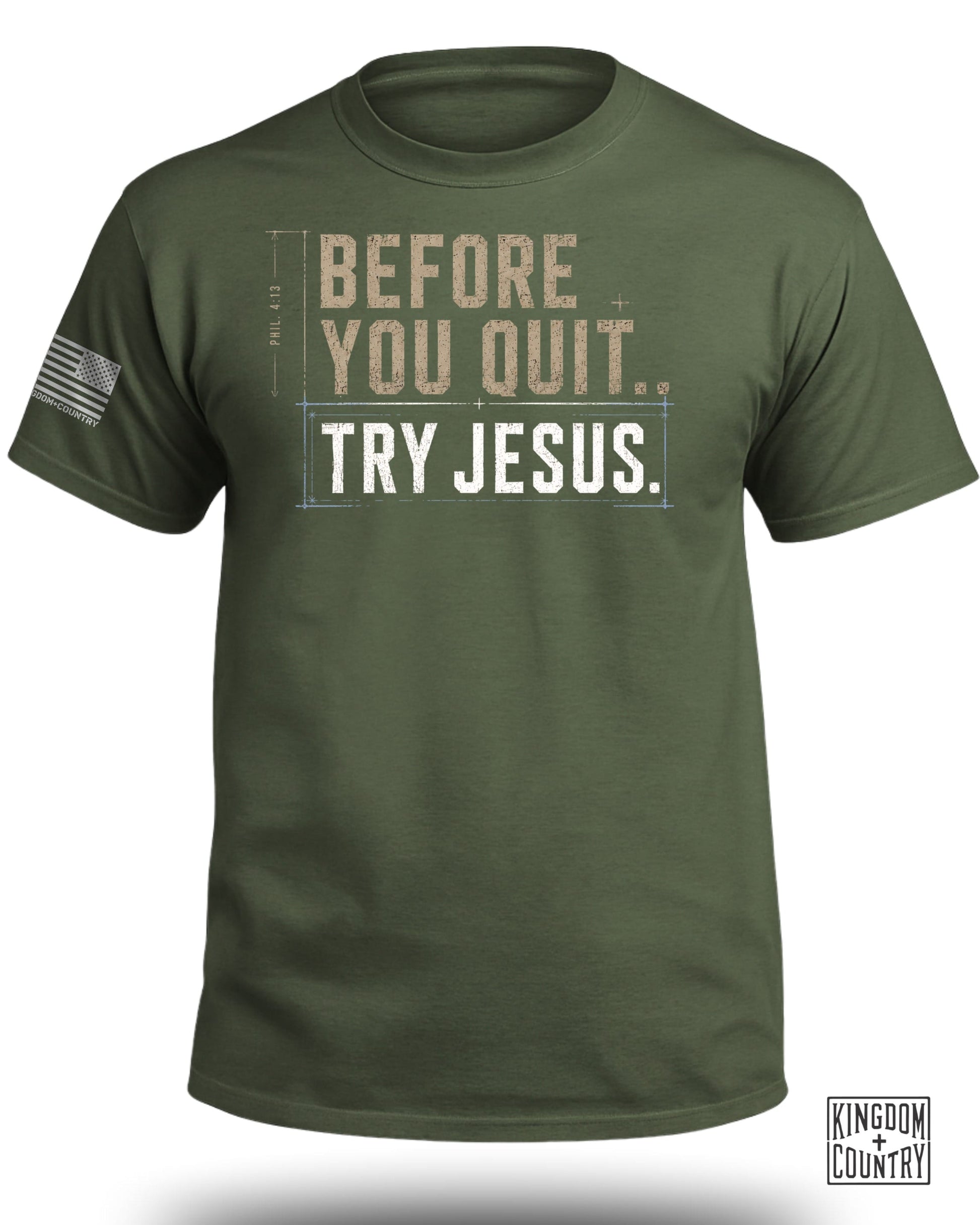 Green t-shirt with "BEFORE YOU QUIT. TRY JESUS." text and Philippine flag patch.