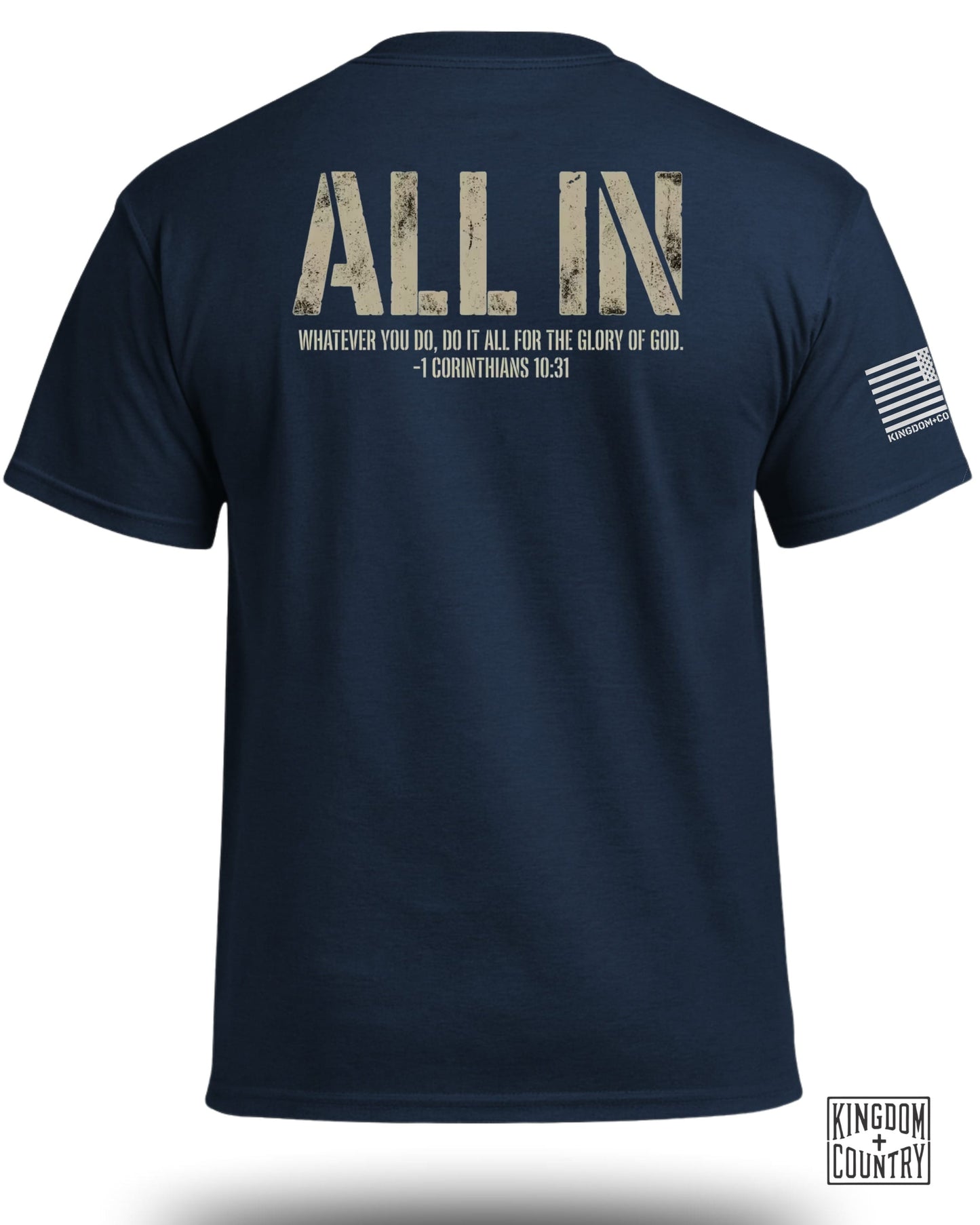 Navy t-shirt with "ALL IN" and Bible verse on back.