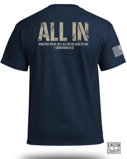 Navy t-shirt with "ALL IN" and Bible verse on back.