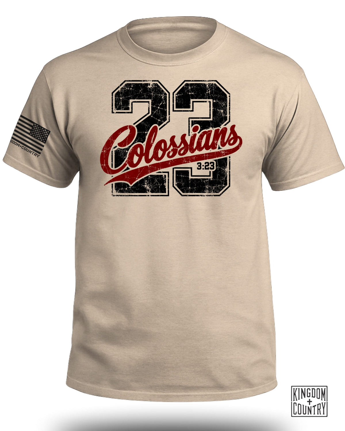 Tan t-shirt with distressed "23 Colossians 3:23" graphic and American flag patch.