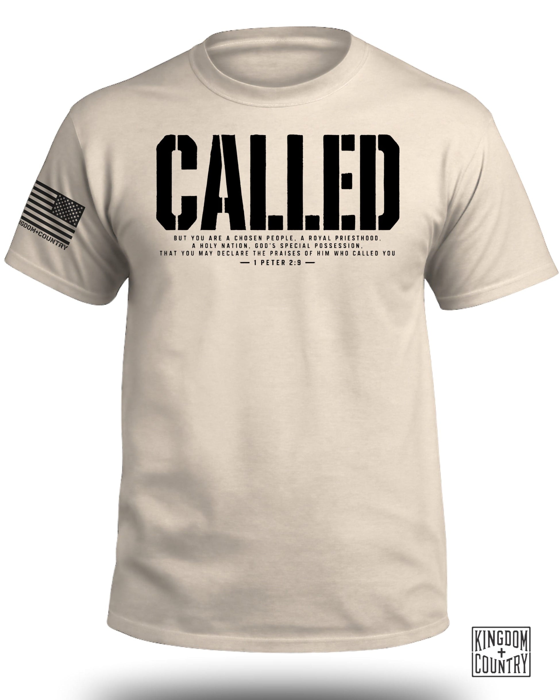 Cream t-shirt with "CALLED" and 1 Peter 2:9 on front.