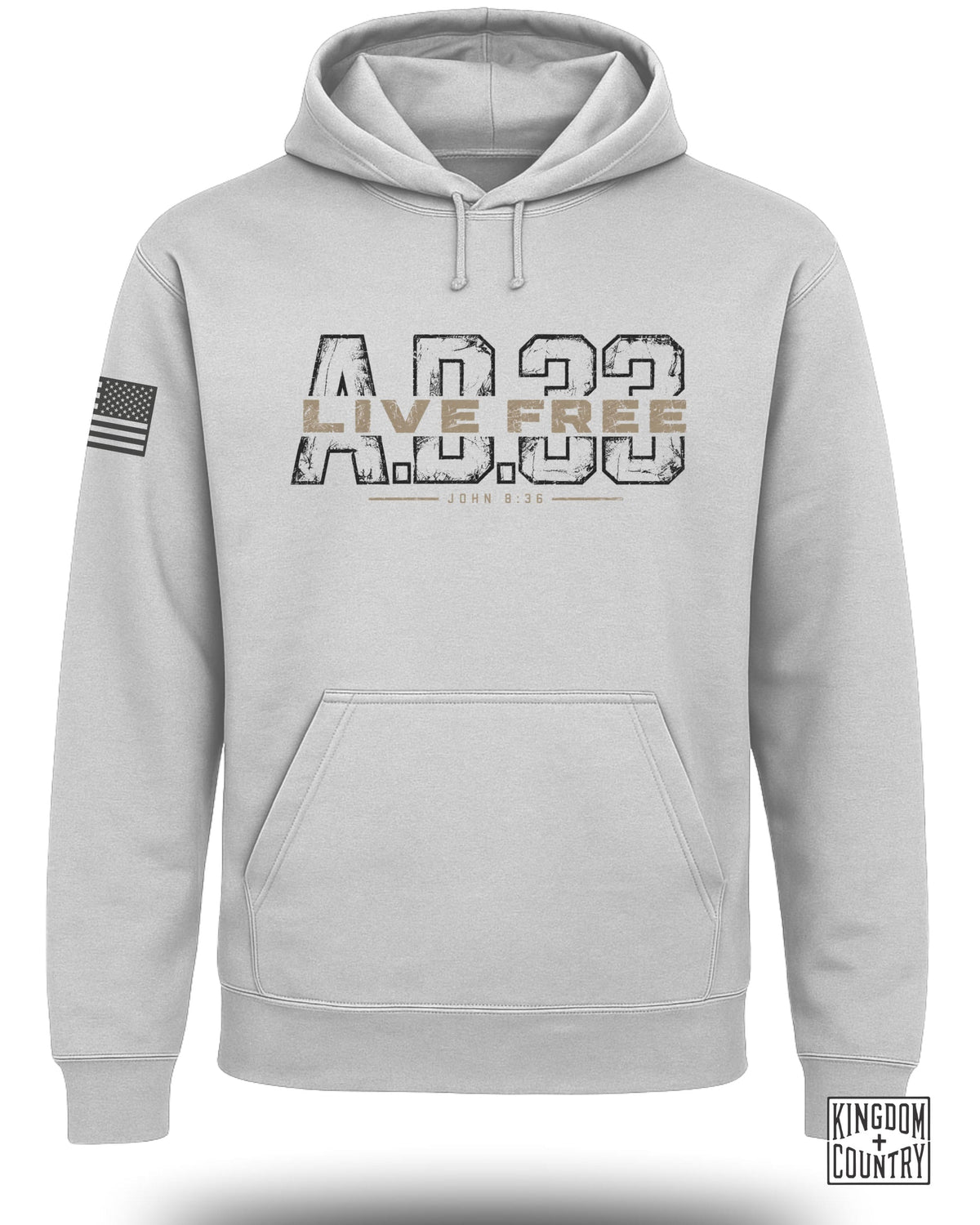 A light gray hooded sweatshirt featuring a front pocket, an American flag patch on the sleeve, and printed text reading AD 33 LIVE FREE JOHN 8:36.