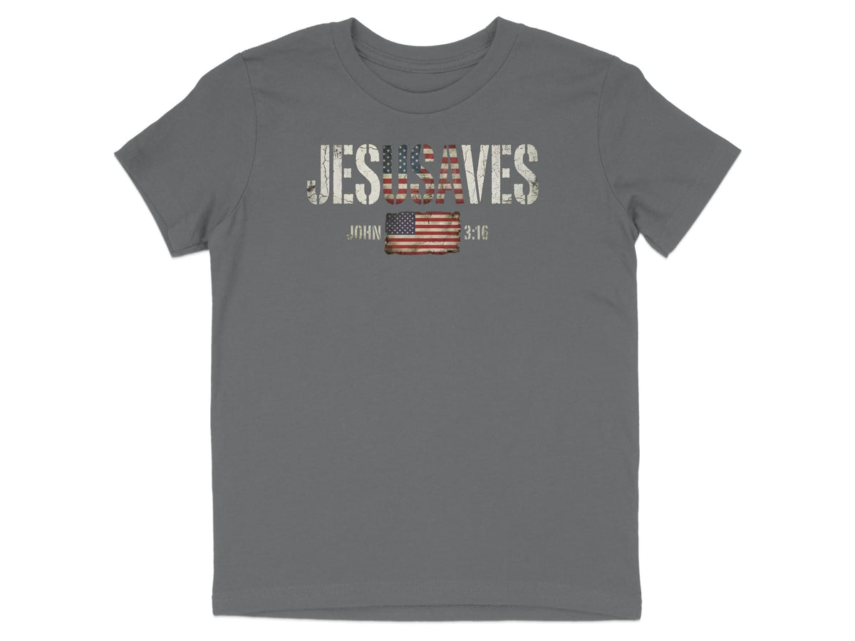 Gray t-shirt with distressed "JESUS SAVES" text over an American flag and "JOHN 3:16".
