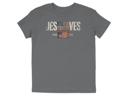 Gray t-shirt with distressed "JESUS SAVES" text over an American flag and "JOHN 3:16".