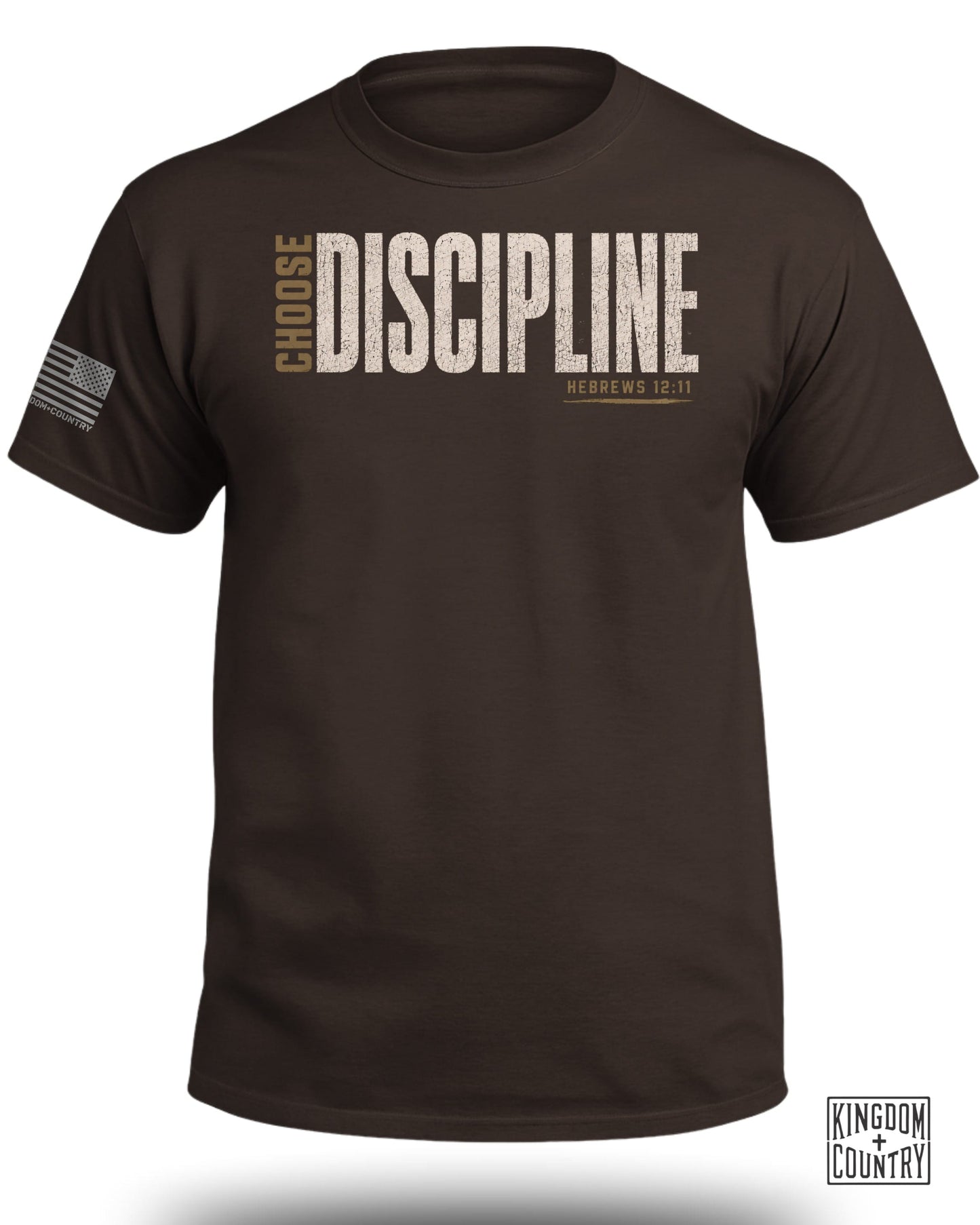 Brown t-shirt with "CHOOSE DISCIPLINE" and "HEBREWS 12:11" text.