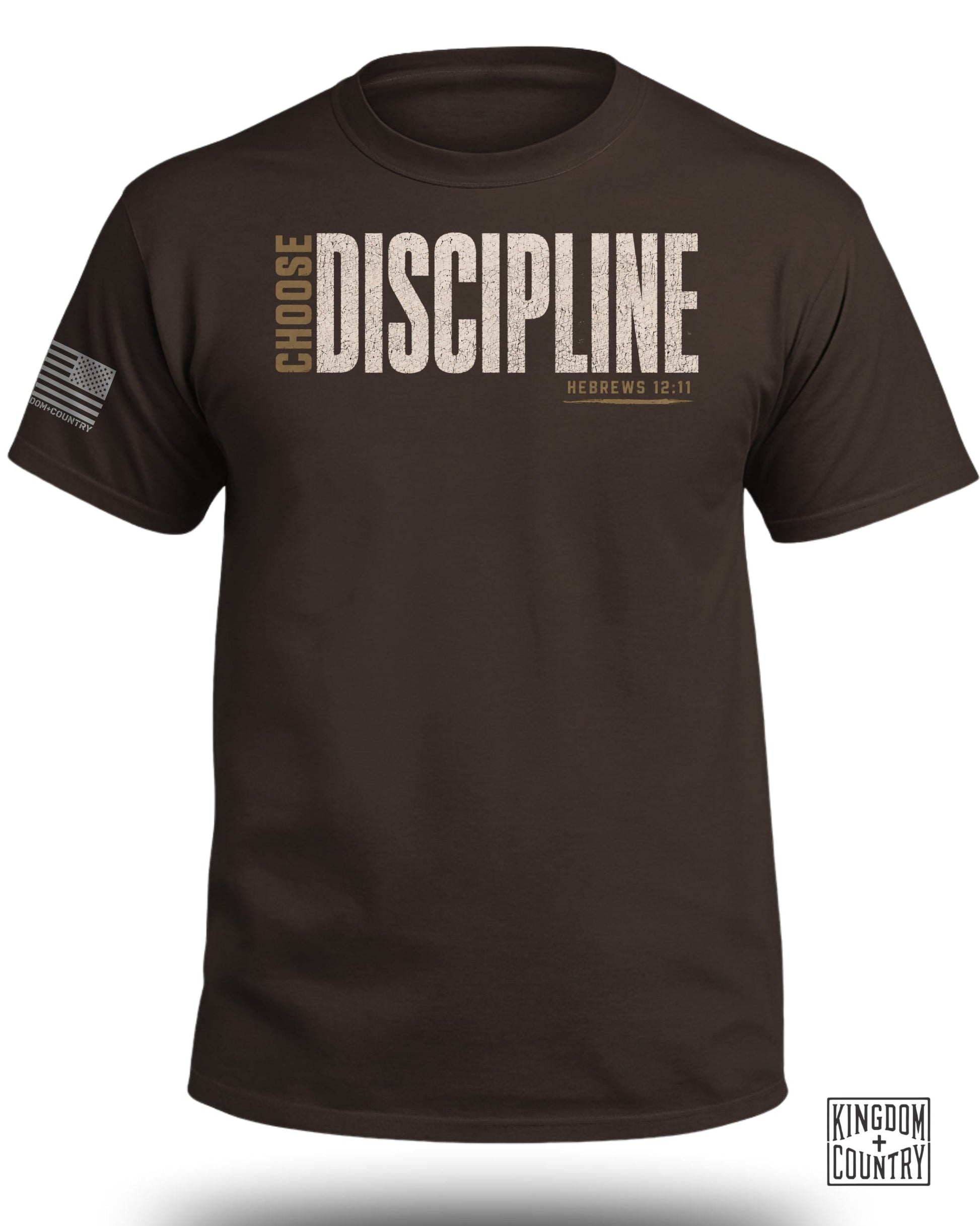Brown t-shirt with "CHOOSE DISCIPLINE" and "HEBREWS 12:11" text.