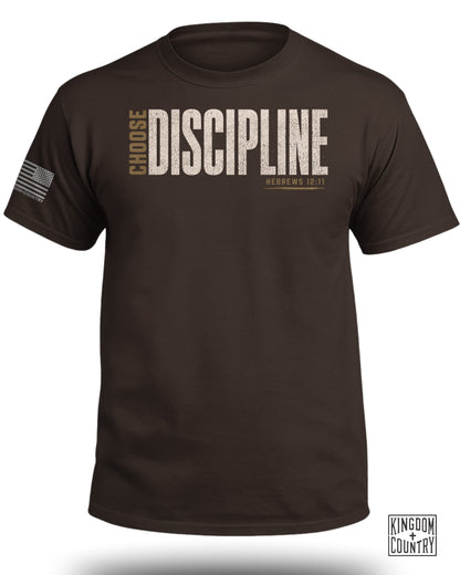 Brown t-shirt with "CHOOSE DISCIPLINE" and "HEBREWS 12:11" text.