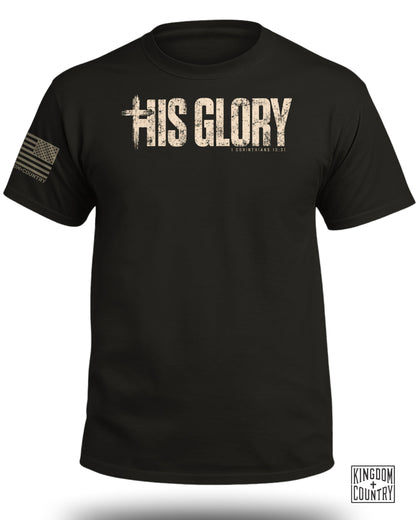 Black t-shirt with "HIS GLORY" and "1 CORINTHIANS 10:31" text.
