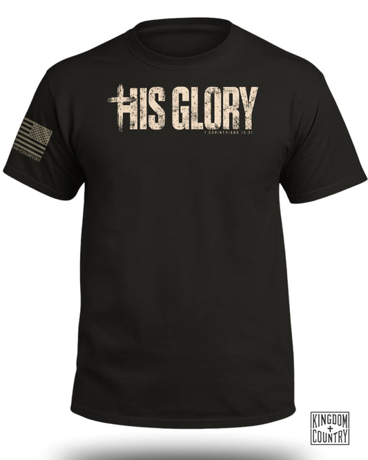 Black t-shirt with "HIS GLORY" and "1 CORINTHIANS 10:31" text.