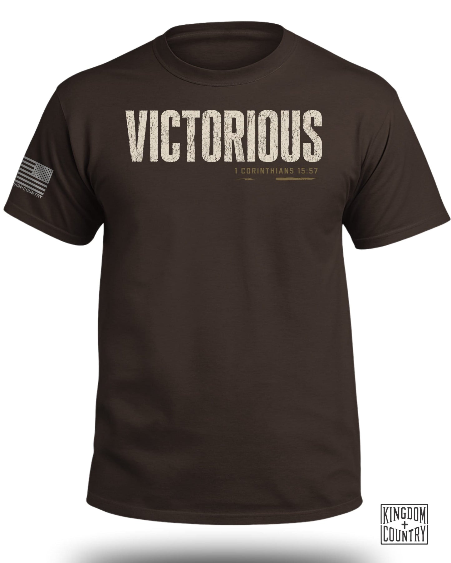 Brown t-shirt with "Victorious" and "1 Corinthians 15:57" text.