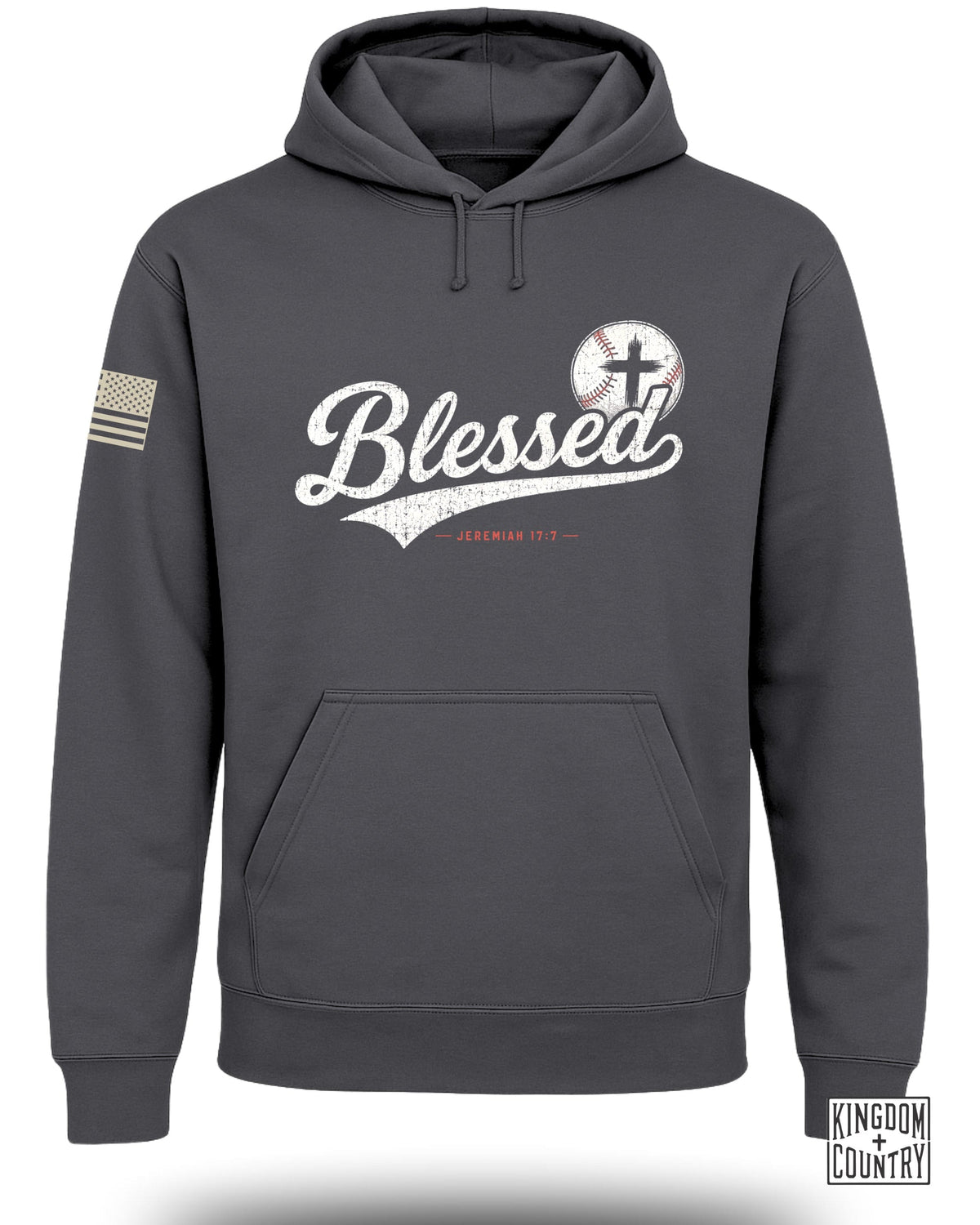 Dark grey hooded sweatshirt featuring a distressed white graphic that reads "Blessed" with a baseball and cross design.