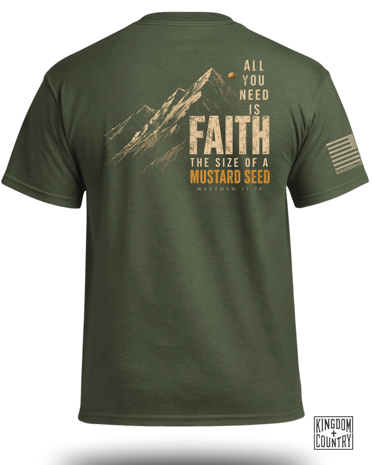 Green t-shirt with mountains, "All you need is faith," and mustard seed scripture.