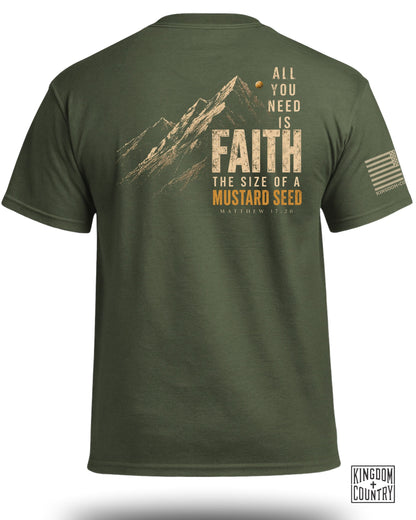 Green t-shirt with mountains, "All you need is faith," and mustard seed scripture.