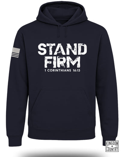 Navy hoodie with distressed "STAND FIRM" text and "1 CORINTHIANS 16:13" on front.