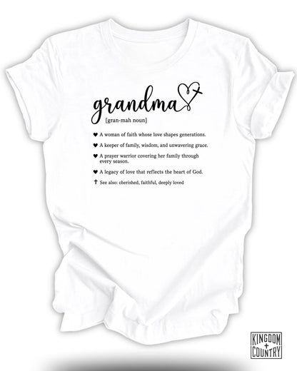 White t-shirt with "Grandma" definition and kingdom country logo.