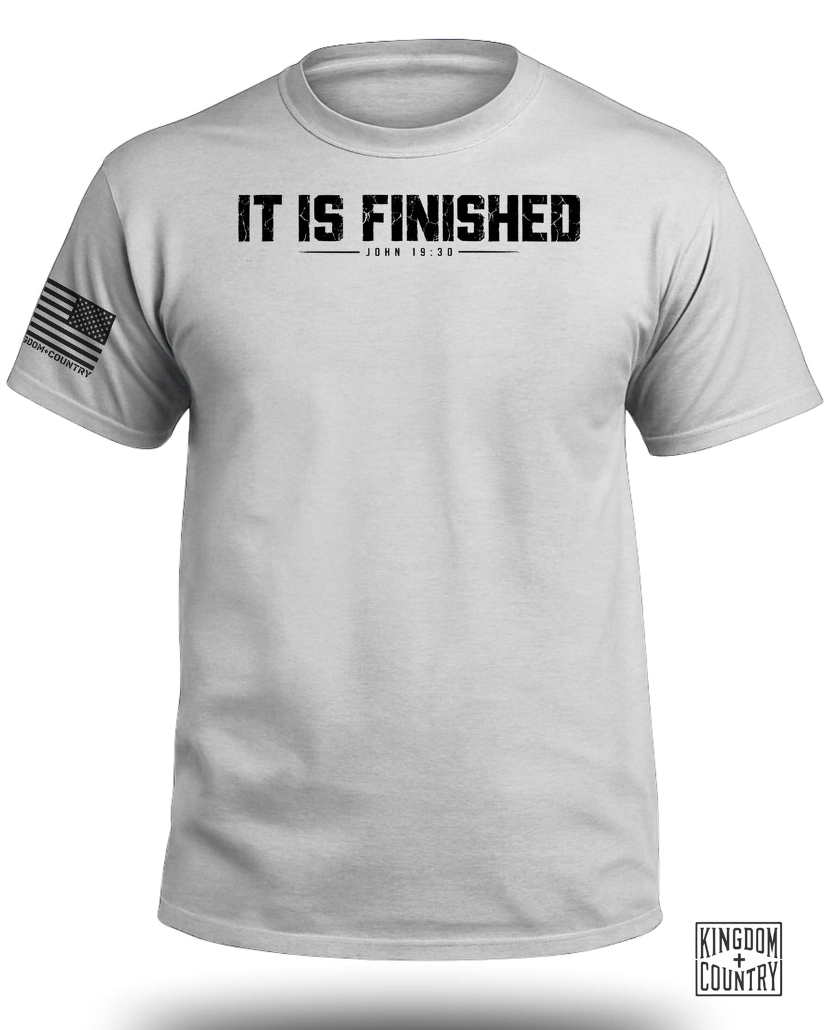 Light gray t-shirt with "IT IS FINISHED" and "JOHN 19:30" text.