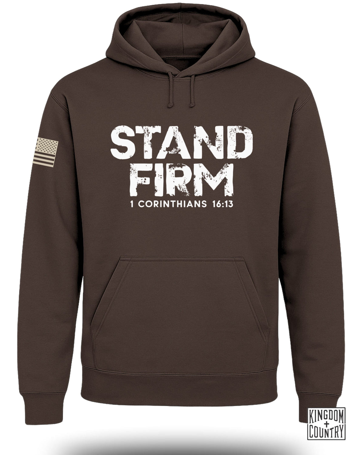 Brown hoodie with "STAND FIRM 1 CORINTHIANS 16:13" text and US flag patch.