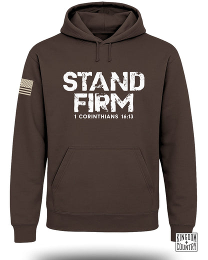 Brown hoodie with "STAND FIRM 1 CORINTHIANS 16:13" text and US flag patch.